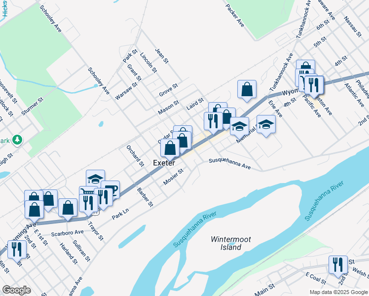 map of restaurants, bars, coffee shops, grocery stores, and more near 111 Grant Street in Exeter