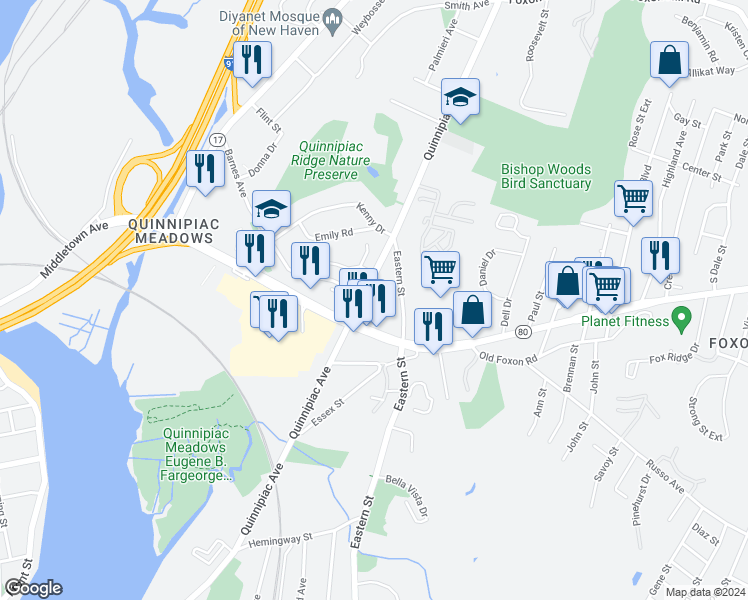 map of restaurants, bars, coffee shops, grocery stores, and more near 1275 Quinnipiac Avenue in New Haven
