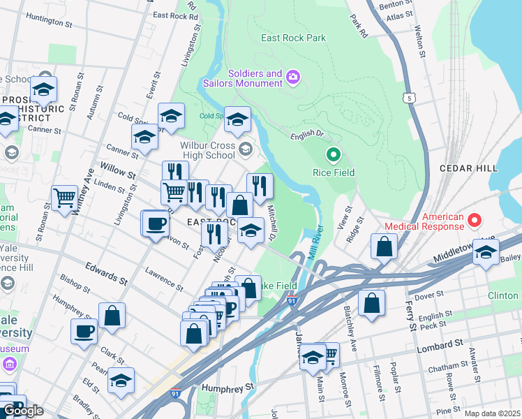 map of restaurants, bars, coffee shops, grocery stores, and more near 285 Nicoll Street in New Haven