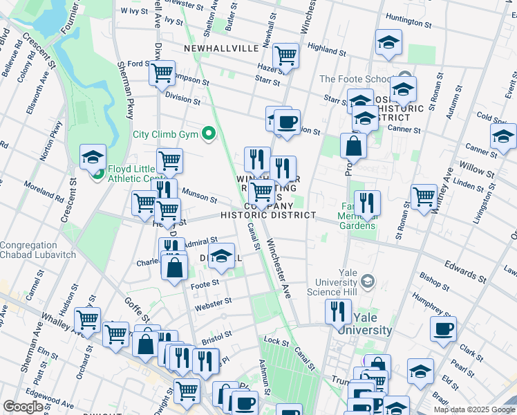 map of restaurants, bars, coffee shops, grocery stores, and more near 310 Winchester Avenue in New Haven