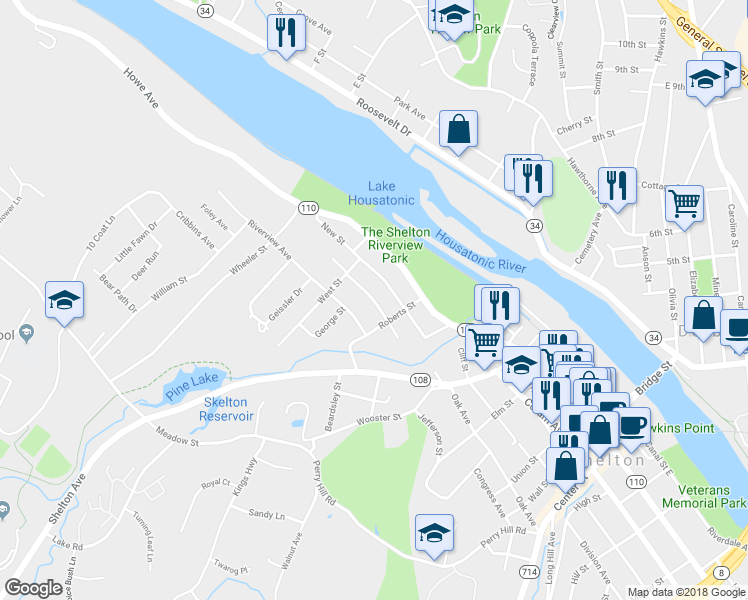 map of restaurants, bars, coffee shops, grocery stores, and more near 47 Lakeview Avenue in Shelton
