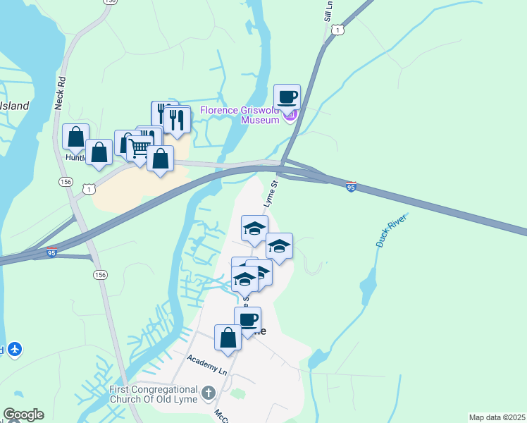 map of restaurants, bars, coffee shops, grocery stores, and more near Lyme Street in Old Lyme