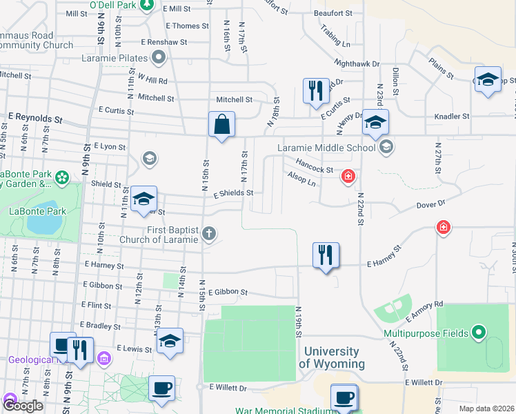 map of restaurants, bars, coffee shops, grocery stores, and more near 1167 North 18th Street in Laramie