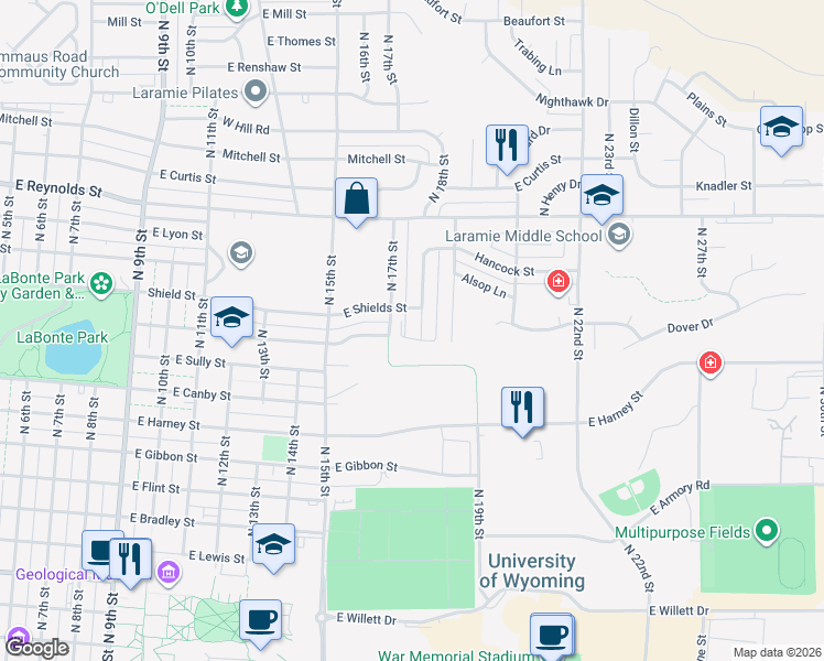 map of restaurants, bars, coffee shops, grocery stores, and more near 1167 North 18th Street in Laramie