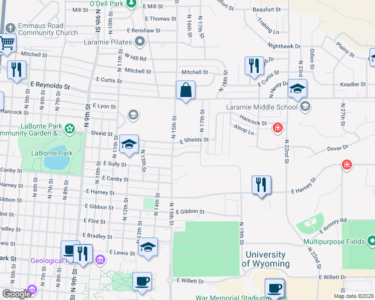 map of restaurants, bars, coffee shops, grocery stores, and more near 1516 East Shields Street in Laramie