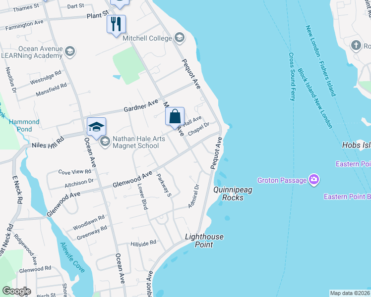 map of restaurants, bars, coffee shops, grocery stores, and more near 869 Montauk Avenue in New London