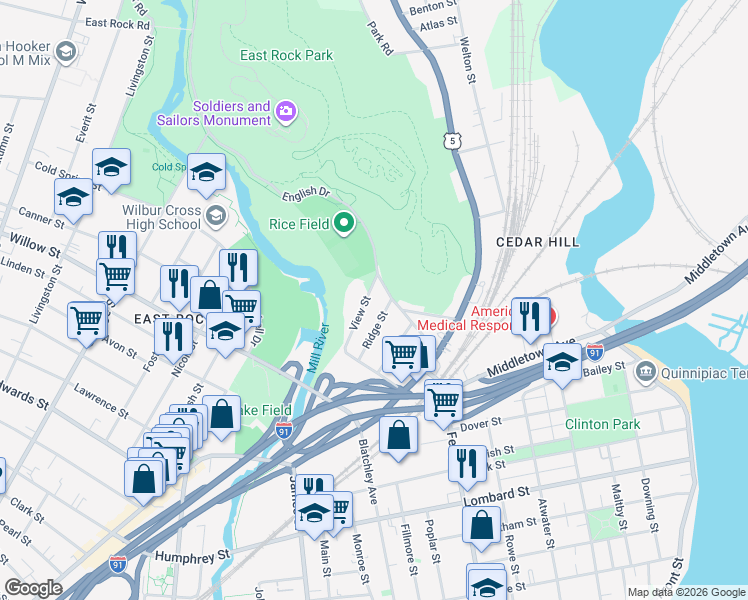 map of restaurants, bars, coffee shops, grocery stores, and more near 280 View Street in New Haven
