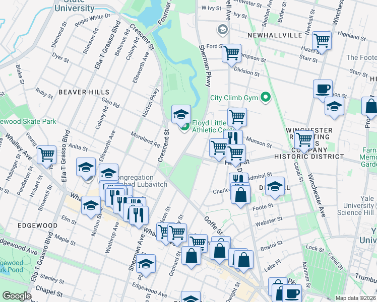 map of restaurants, bars, coffee shops, grocery stores, and more near 471 Sherman Parkway in New Haven