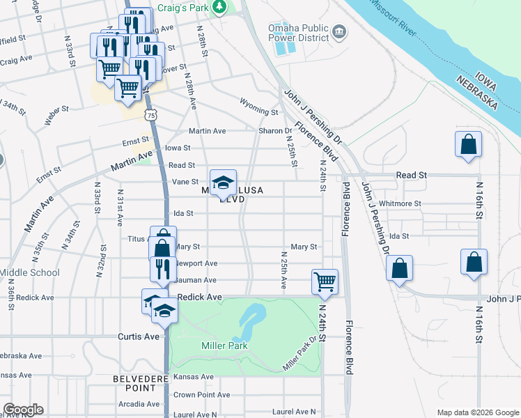 map of restaurants, bars, coffee shops, grocery stores, and more near 2573 Whitmore Street in Omaha