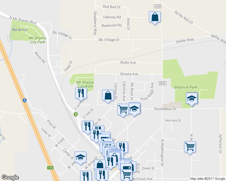 map of restaurants, bars, coffee shops, grocery stores, and more near 803 Carmen Drive in Mount Shasta