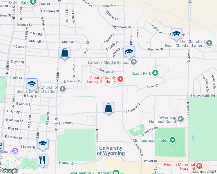 map of restaurants, bars, coffee shops, grocery stores, and more near 2110 East Binford Street in Laramie