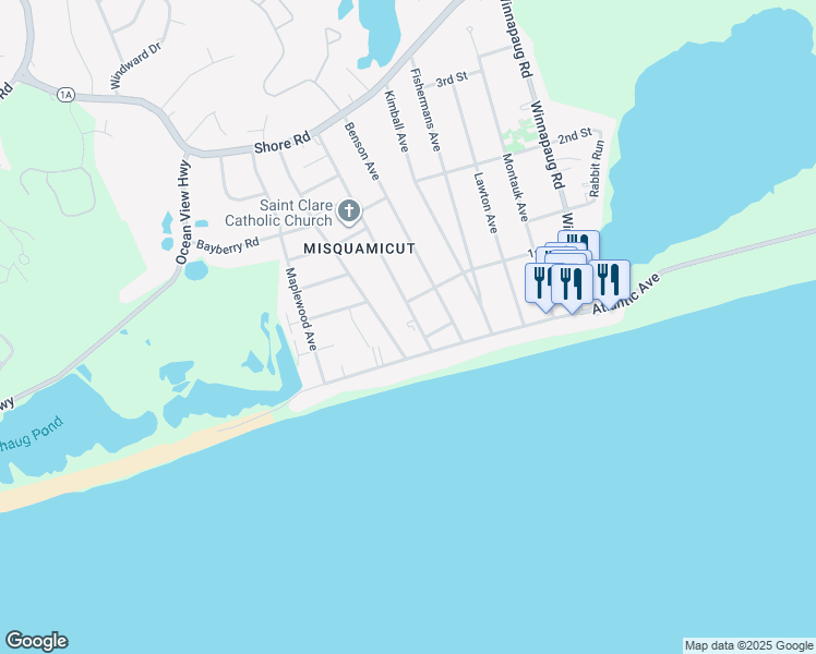 map of restaurants, bars, coffee shops, grocery stores, and more near 16 Crandall Avenue in Westerly