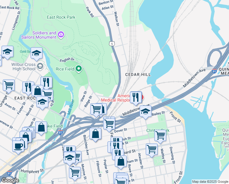 map of restaurants, bars, coffee shops, grocery stores, and more near 1416 State Street in New Haven