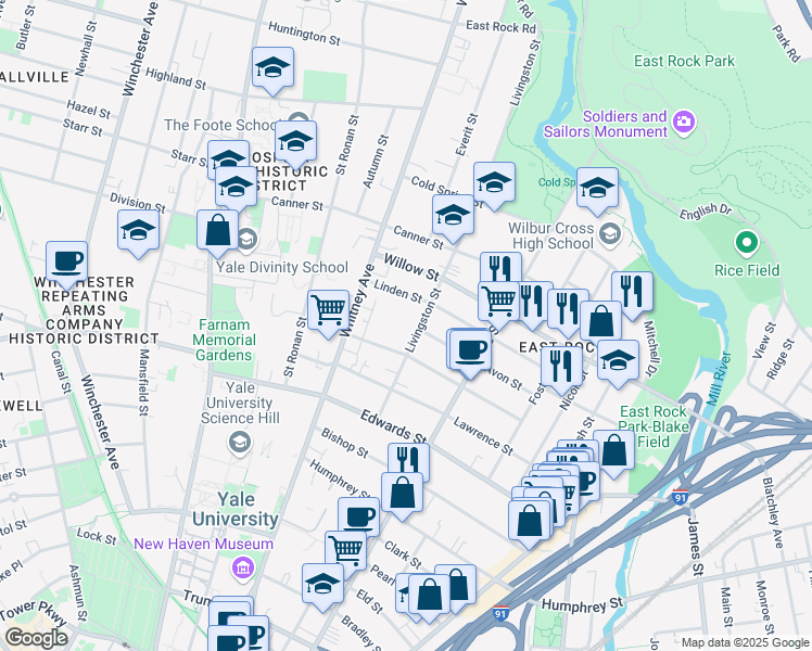 map of restaurants, bars, coffee shops, grocery stores, and more near 108 Livingston Street in New Haven