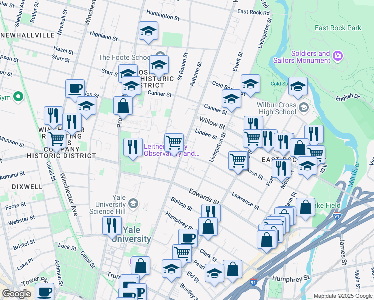 map of restaurants, bars, coffee shops, grocery stores, and more near 424 Whitney Avenue in New Haven