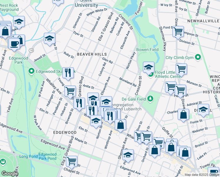 map of restaurants, bars, coffee shops, grocery stores, and more near 445 Ellsworth Avenue in New Haven
