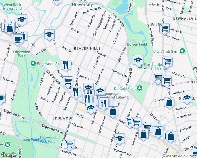 map of restaurants, bars, coffee shops, grocery stores, and more near 445 Ellsworth Avenue in New Haven