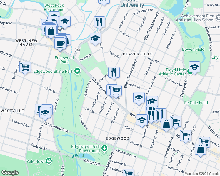 map of restaurants, bars, coffee shops, grocery stores, and more near 34 Whittlesey Avenue in New Haven