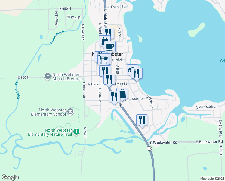 map of restaurants, bars, coffee shops, grocery stores, and more near East St in North Webster