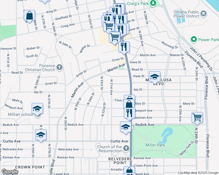 map of restaurants, bars, coffee shops, grocery stores, and more near 6920 North 31st Avenue in Omaha