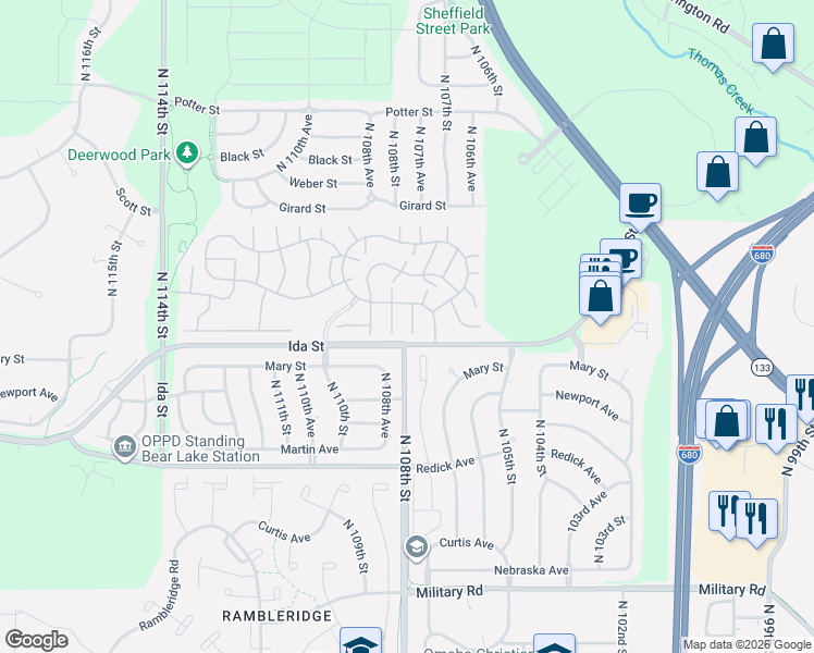 map of restaurants, bars, coffee shops, grocery stores, and more near 6936 North 107th Court in Omaha