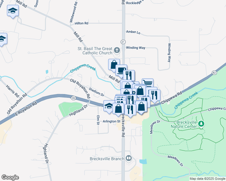 map of restaurants, bars, coffee shops, grocery stores, and more near 7005 Stadium Drive in Brecksville
