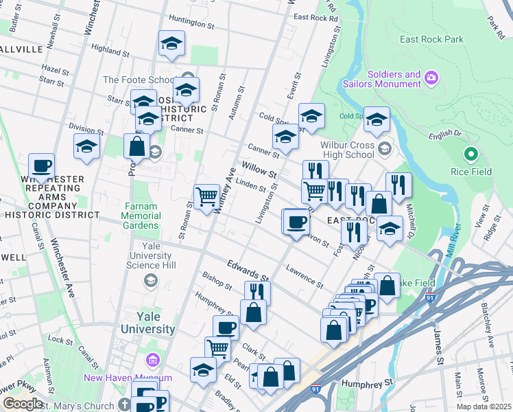 map of restaurants, bars, coffee shops, grocery stores, and more near 92 Livingston Street in New Haven