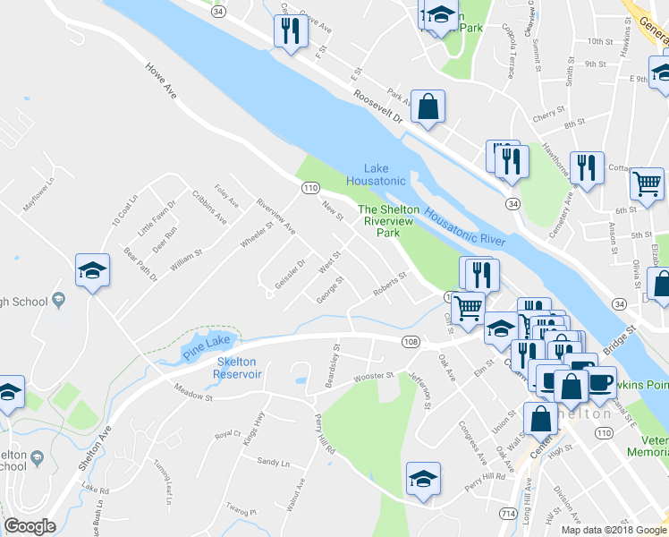 map of restaurants, bars, coffee shops, grocery stores, and more near 49 Fort Hill Avenue in Shelton