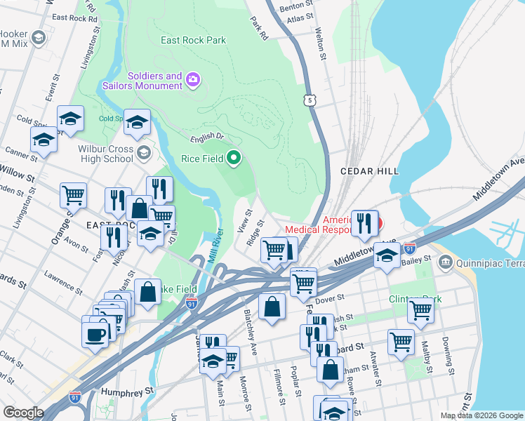 map of restaurants, bars, coffee shops, grocery stores, and more near 90 Rock Street in New Haven