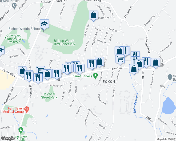 map of restaurants, bars, coffee shops, grocery stores, and more near 31 Highland Avenue in East Haven