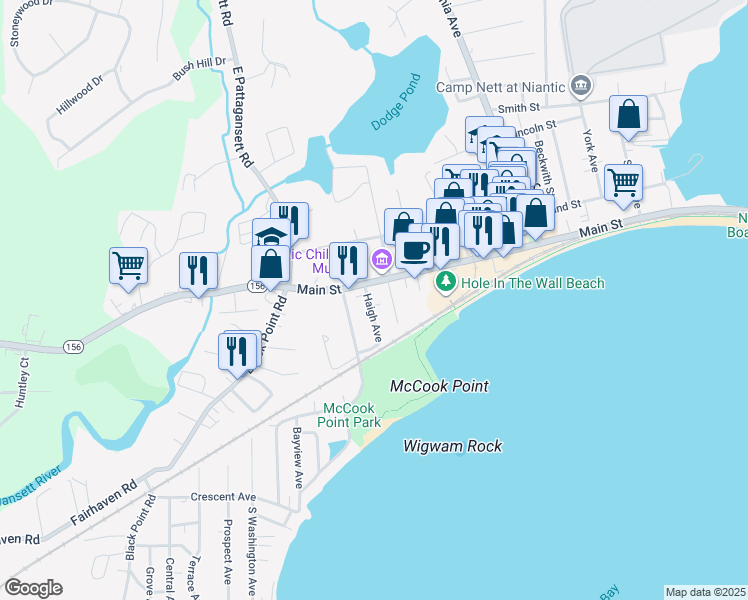 map of restaurants, bars, coffee shops, grocery stores, and more near 14 Haigh Avenue in East Lyme