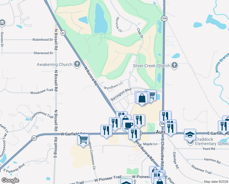 map of restaurants, bars, coffee shops, grocery stores, and more near 201 Raleigh Court in Aurora