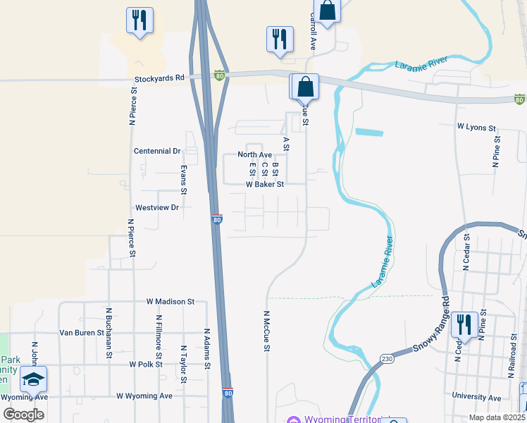 map of restaurants, bars, coffee shops, grocery stores, and more near 954 North McCue Street in Laramie