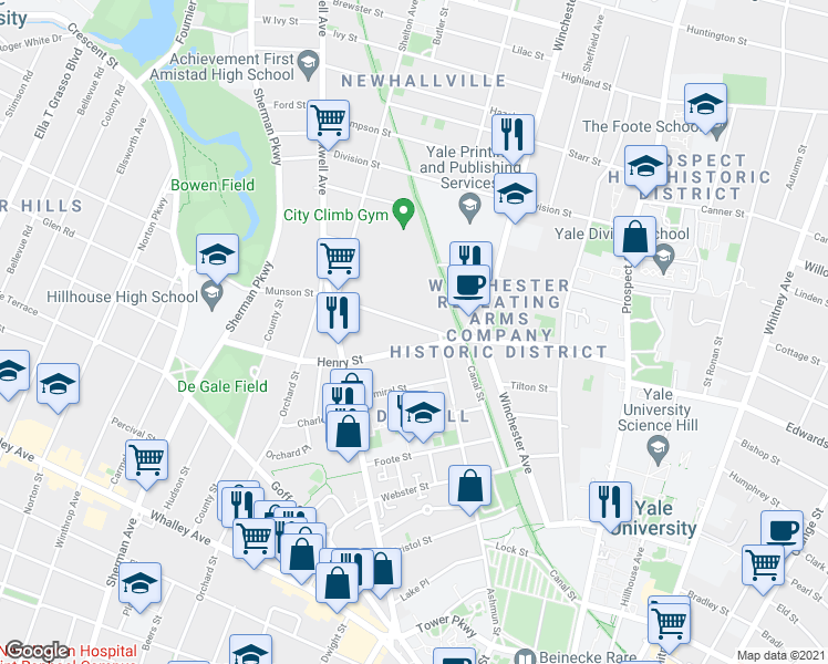 map of restaurants, bars, coffee shops, grocery stores, and more near 212 Munson Street in New Haven