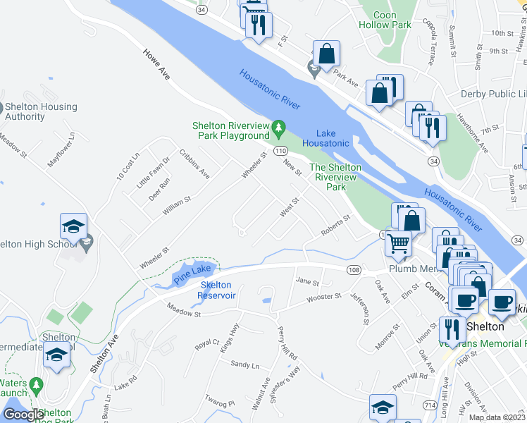 map of restaurants, bars, coffee shops, grocery stores, and more near Geissler Drive in Shelton