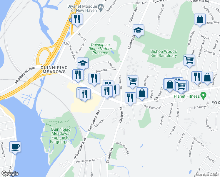 map of restaurants, bars, coffee shops, grocery stores, and more near 1279 Quinnipiac Avenue in New Haven