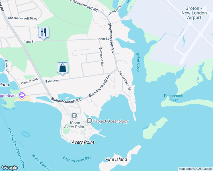 map of restaurants, bars, coffee shops, grocery stores, and more near 922 Shennecossett Road in Groton