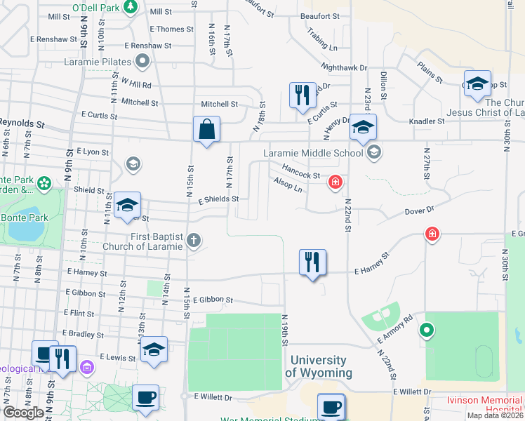 map of restaurants, bars, coffee shops, grocery stores, and more near 1162 North 19th Street in Laramie