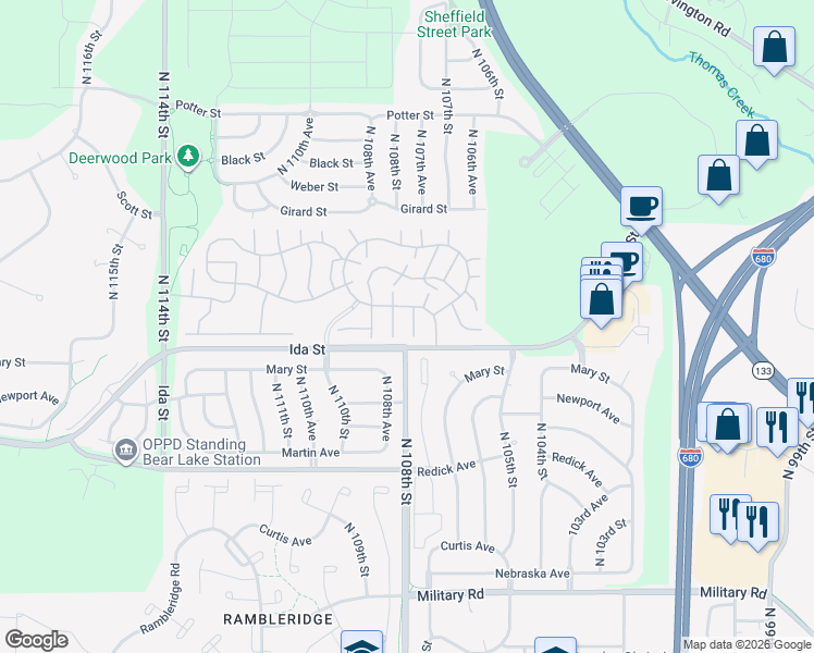 map of restaurants, bars, coffee shops, grocery stores, and more near 6936 North 107th Court in Omaha