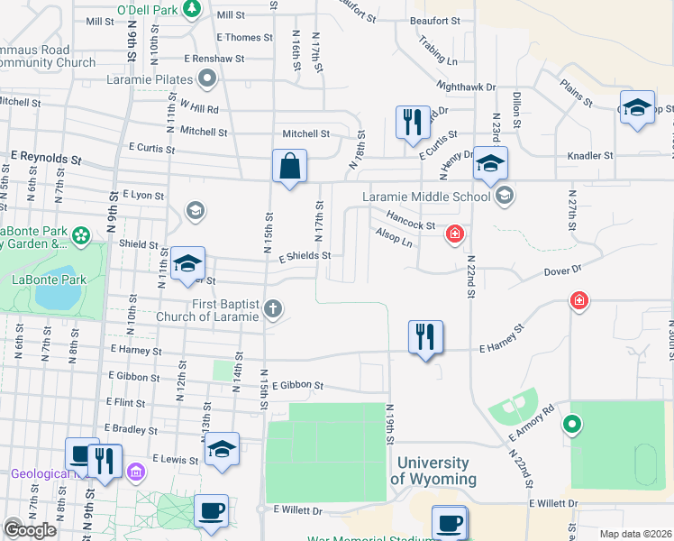 map of restaurants, bars, coffee shops, grocery stores, and more near 1167 North 18th Street in Laramie
