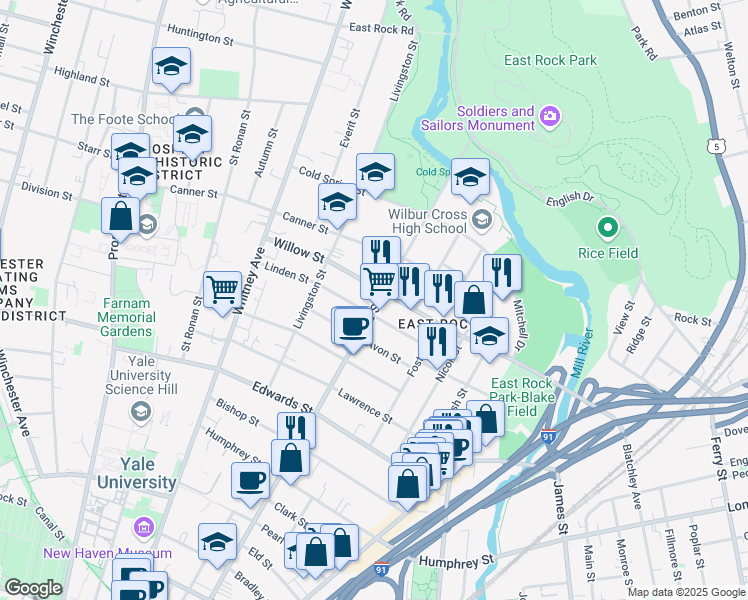 map of restaurants, bars, coffee shops, grocery stores, and more near 788 Orange Street in New Haven