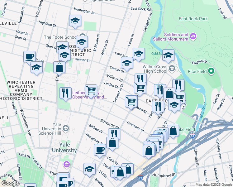 map of restaurants, bars, coffee shops, grocery stores, and more near 108 Livingston Street in New Haven