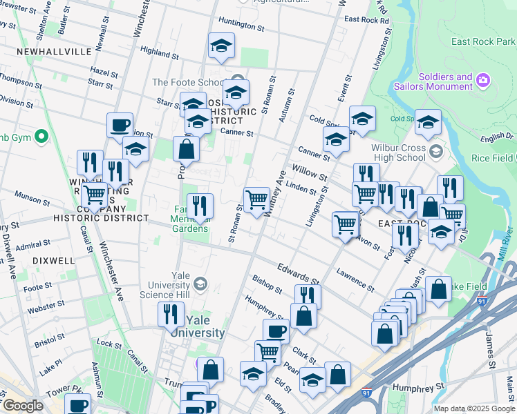 map of restaurants, bars, coffee shops, grocery stores, and more near 424 Whitney Avenue in New Haven