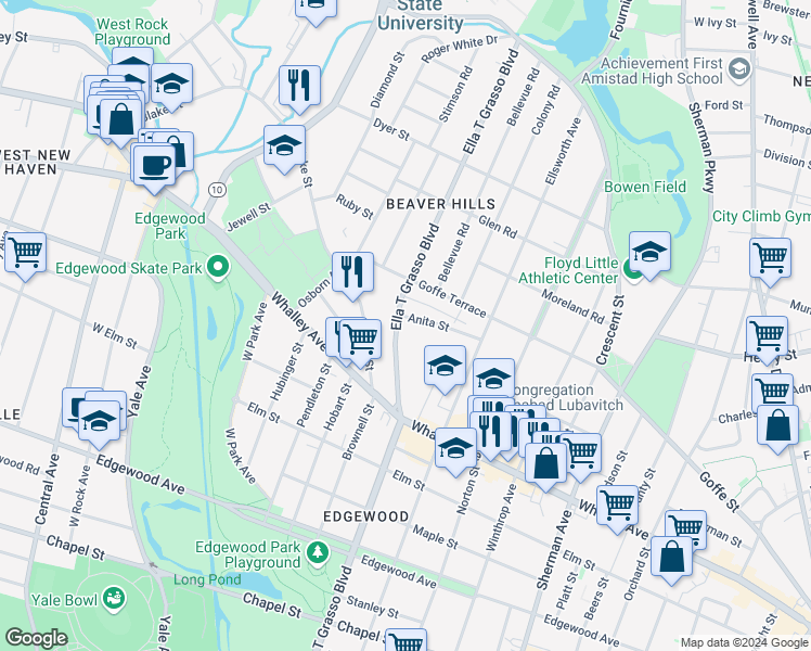 map of restaurants, bars, coffee shops, grocery stores, and more near 1570 Ella T Grasso Boulevard in New Haven