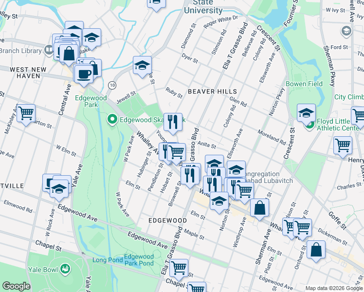 map of restaurants, bars, coffee shops, grocery stores, and more near 1570 Ella T Grasso Boulevard in New Haven
