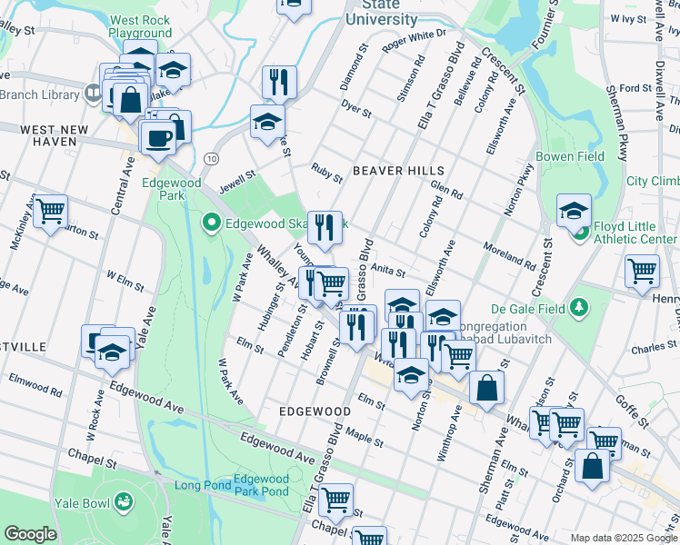 map of restaurants, bars, coffee shops, grocery stores, and more near 34 Whittlesey Avenue in New Haven