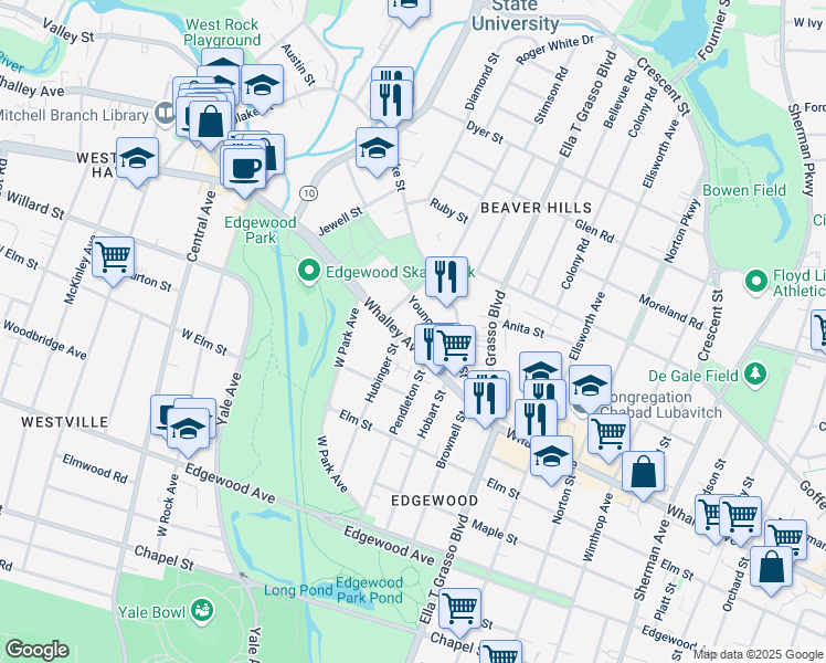 map of restaurants, bars, coffee shops, grocery stores, and more near 615 Whalley Avenue in New Haven