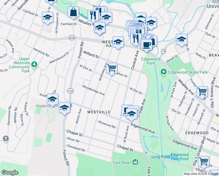 map of restaurants, bars, coffee shops, grocery stores, and more near 213 Alden Avenue in New Haven