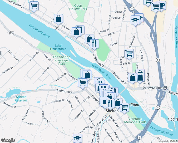 map of restaurants, bars, coffee shops, grocery stores, and more near 304 Canal Street East in Shelton
