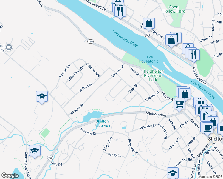 map of restaurants, bars, coffee shops, grocery stores, and more near 61 Geissler Drive in Shelton